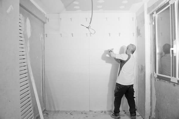 Albañil trabajando en reforma de cocina en el azulejado de pared de la cocina. Reformas Urgull en Donostia
